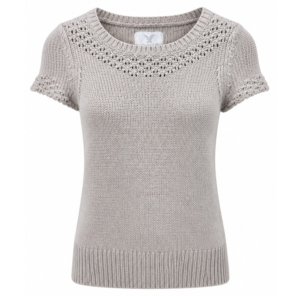 American Eagle Sweater Womens Small Crocheted Neck Tan Solid Slim Y2K 2013